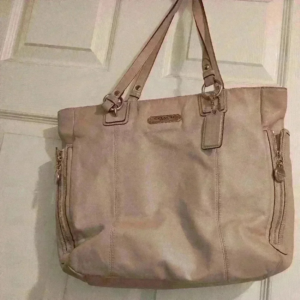Coach Neutral Taupe Leather Tote with Gold Accents